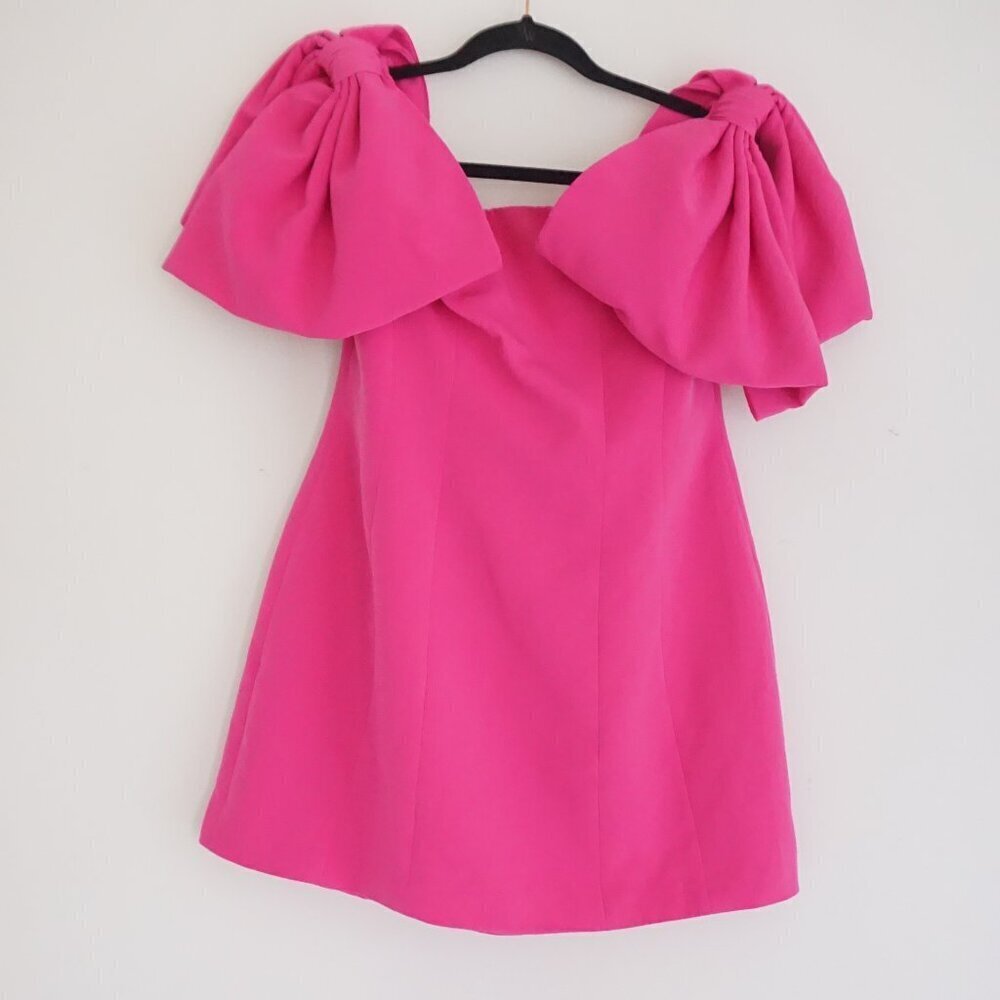 Toccin x RTR Hot Pink Off Shoulder Oversized Bow Sleeve Structured Mini Dress 12
